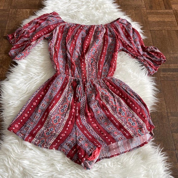 Holllister Pants - Hollister Medium Romper Red Blue Stripe Floral Boho Off Neck Short Bell Sleeve